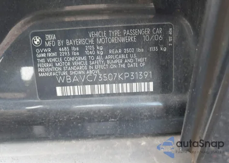 2007 BMW 328Xi from USA, damaged, VIN WBAVC73507KP31391
